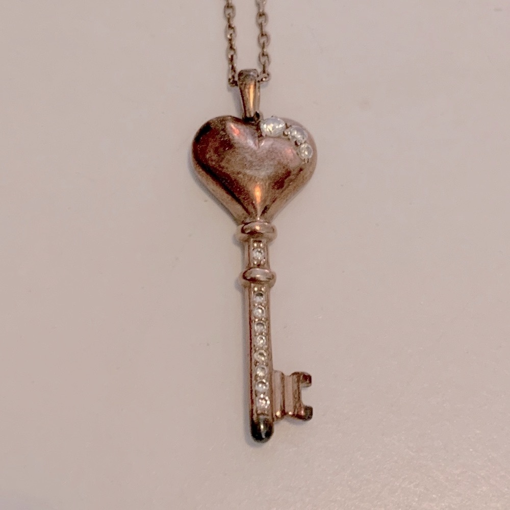 Stamped 925, rose gold coloured key necklace with faux diamonds on chain